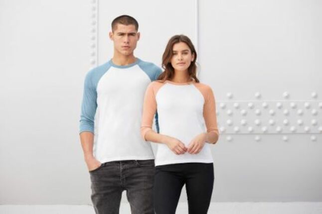 A woman and man wearing raglan t-shirts
